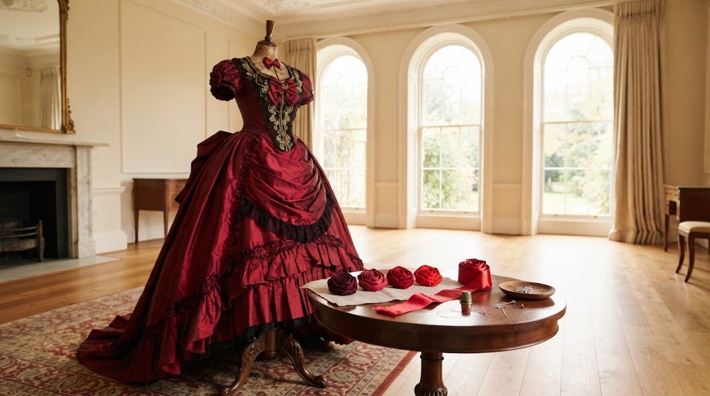 Deep red Victorian style ballgown with handmade red fabric rose brooches on a table