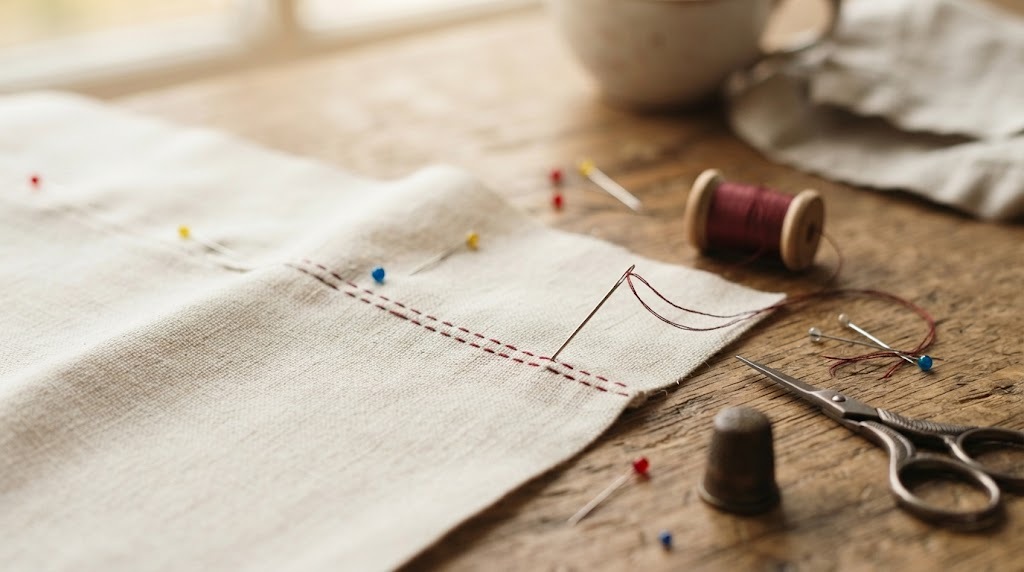 Neat line of red hand backstitches on cream linen with a needle and thimble