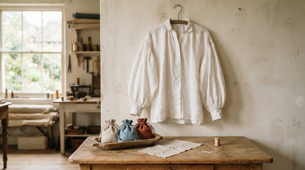 White linen 1700s style shirt with full sleeves above three small drawstring pouches