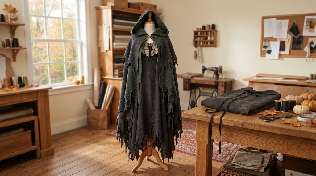 Historical sewing projects for fall: a ragged hooded cape costume in grey and moss green on a dress form
