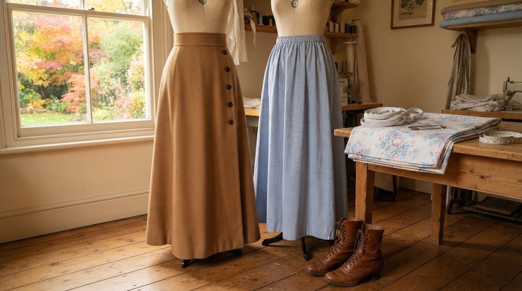 Two long walking skirts in camel wool and blue check cotton on dress forms