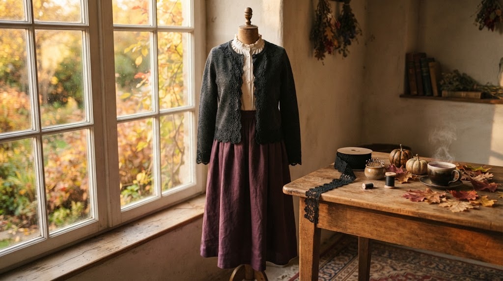 Historical sewing projects for autumn: plum skirt and dark cardigan trimmed with black lace