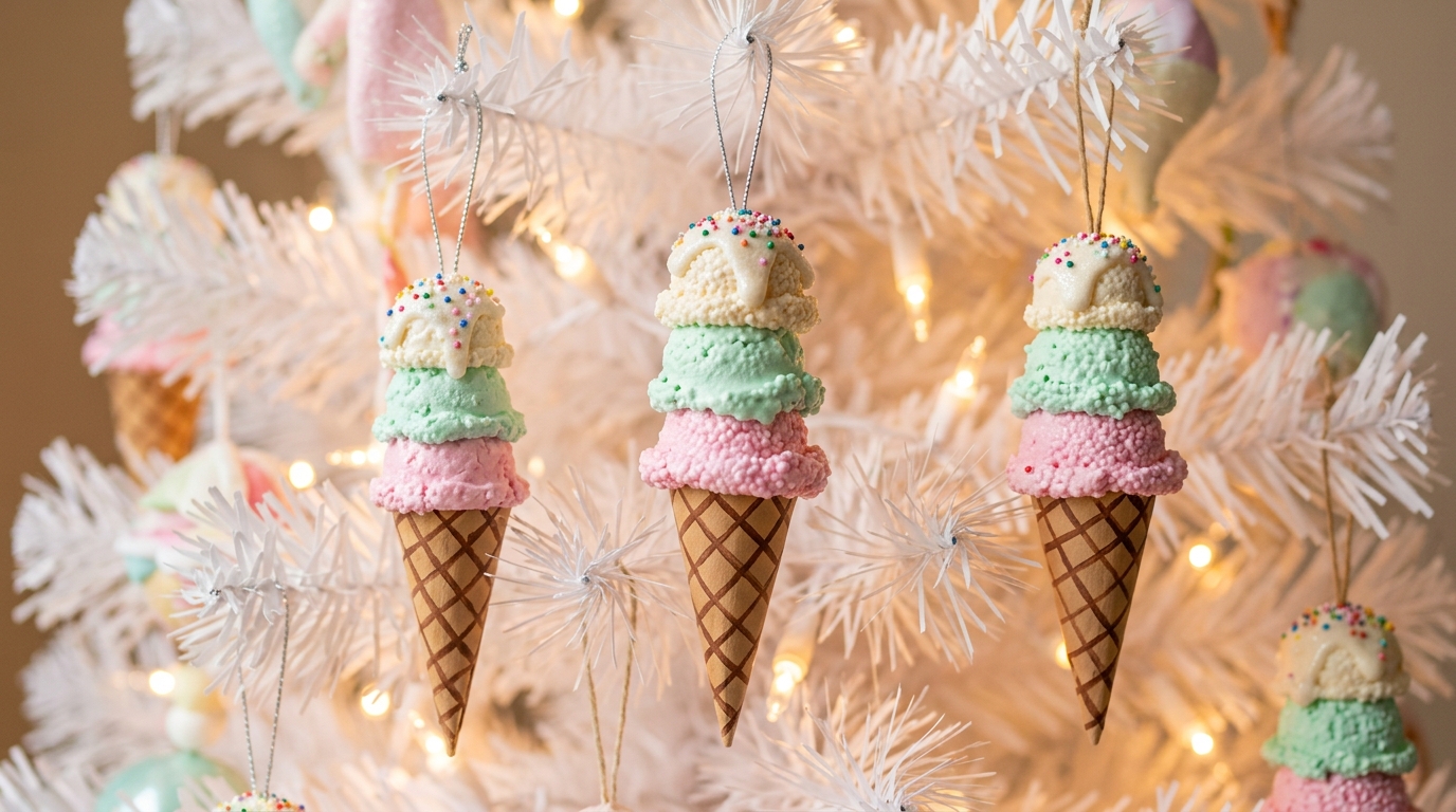 Ice cream cone ornaments with pastel foam scoops hanging on a white tree
