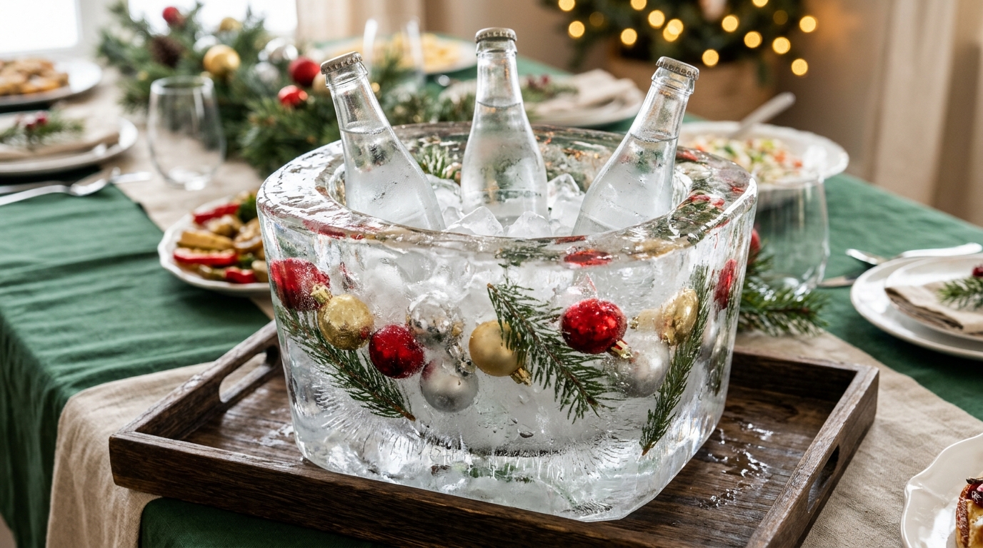 Christmas ice decor bucket with red, gold and silver ornaments and pine frozen in the walls holding plain bottles
