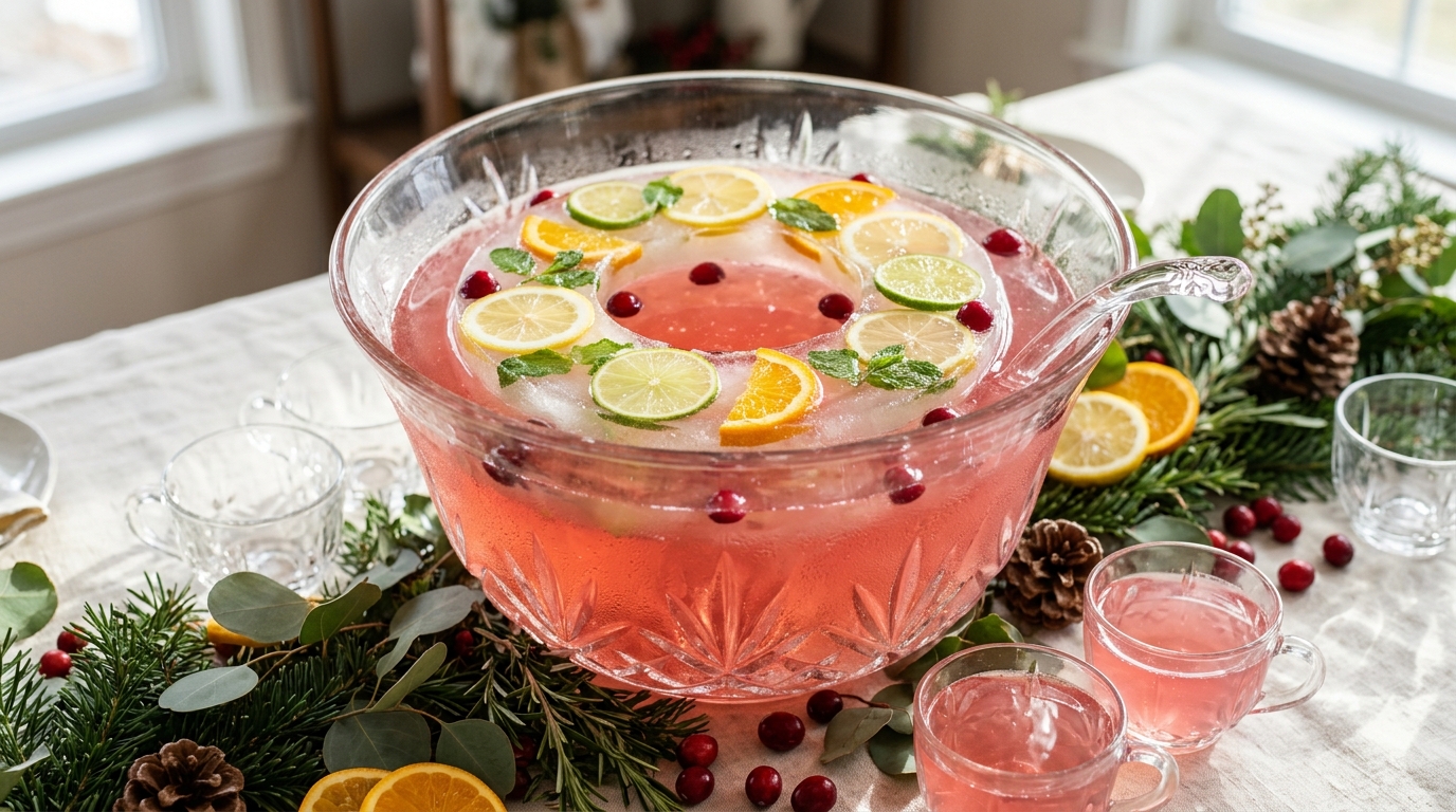 Glass punch bowl with pink punch and a floating ice ring of lemon, lime and orange slices with mint
