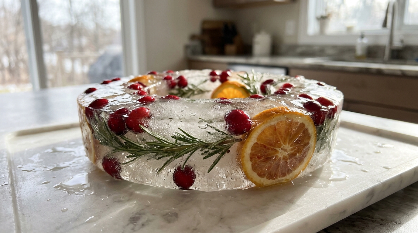 Round ice wreath with cranberries, rosemary and orange slices frozen inside on a marble tray