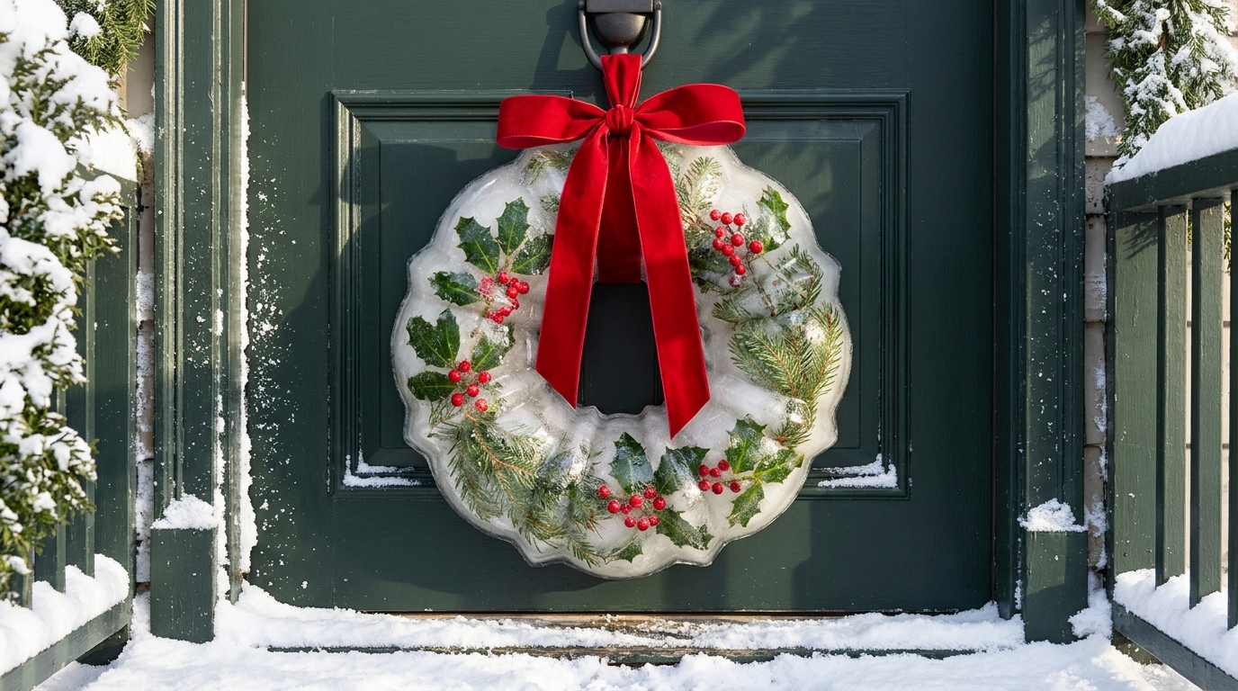 Christmas ice decor wreath made in a bundt pan with holly and berries hanging on a green front door with a red velvet ribbon