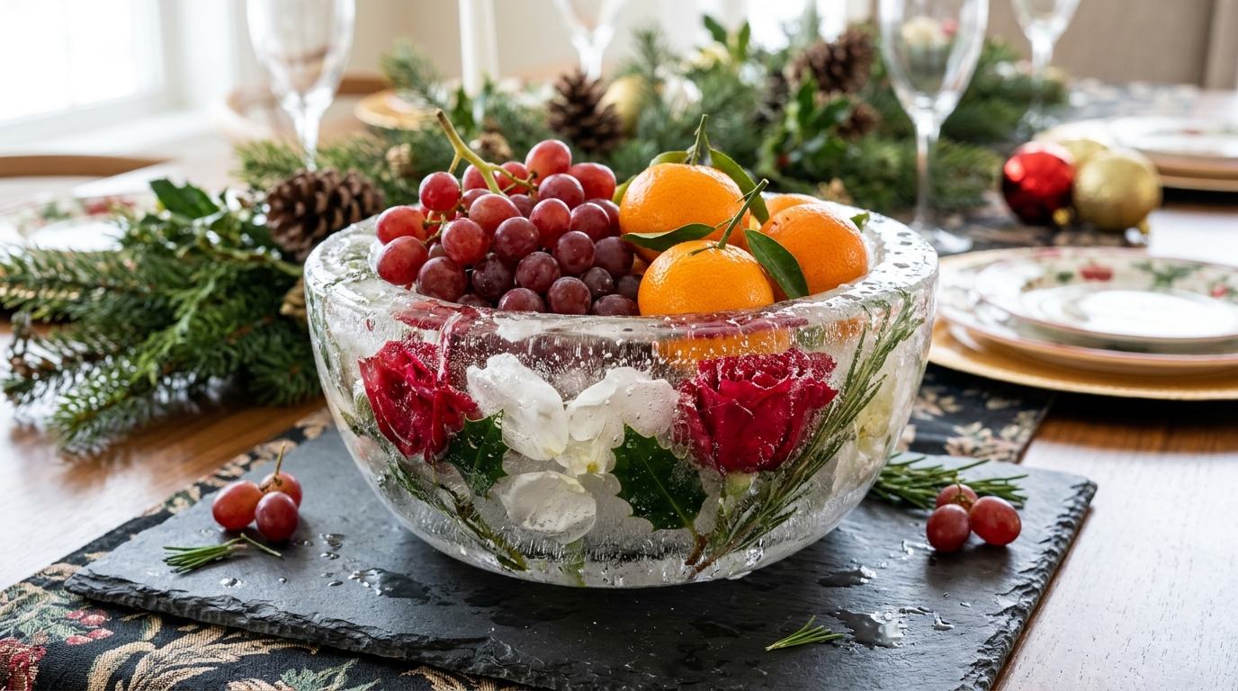 Bowl made of clear ice with red roses and greenery frozen in the walls holding grapes and clementines