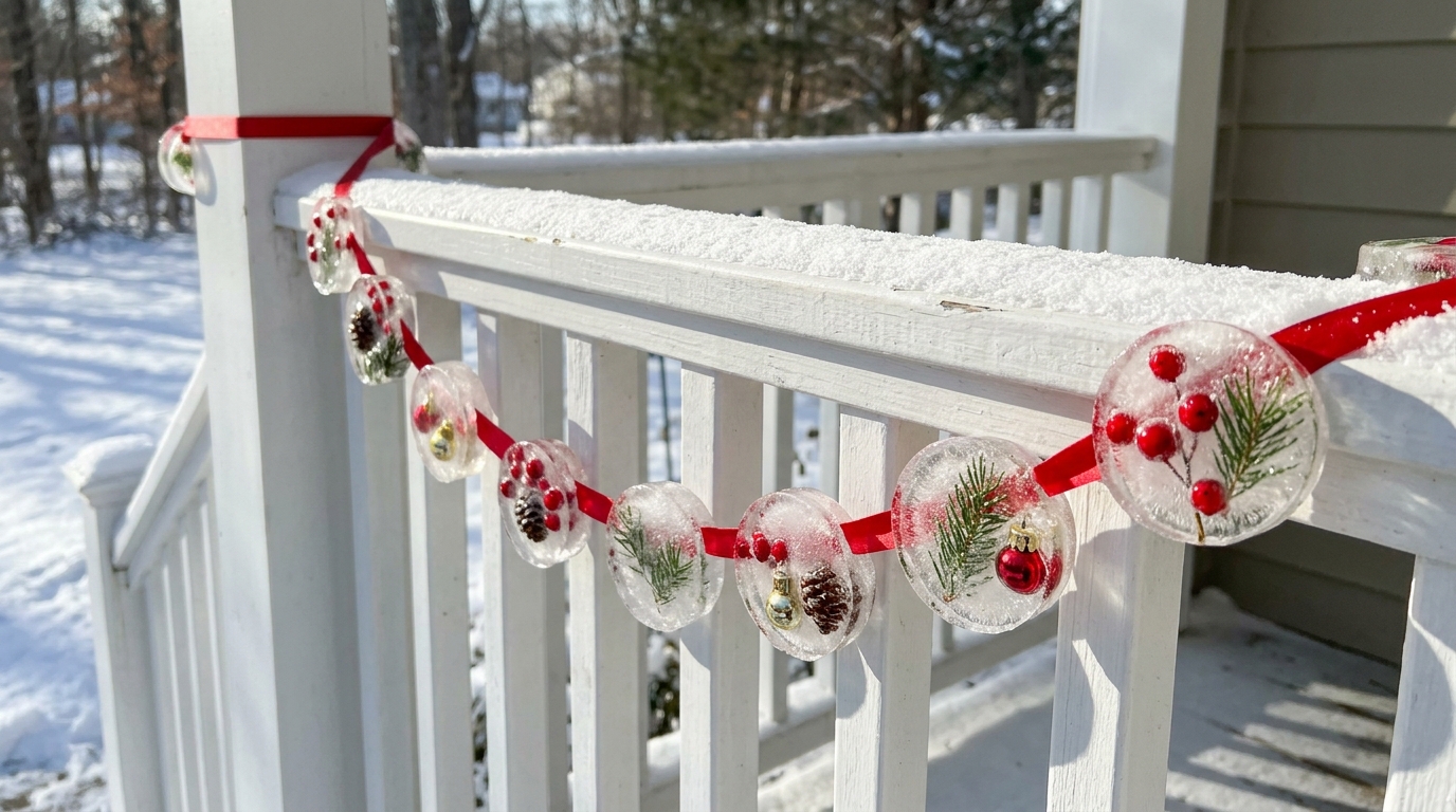 Christmas ice decor garland of round frozen ice discs with berries and pine on red ribbon along a snowy white porch railing
