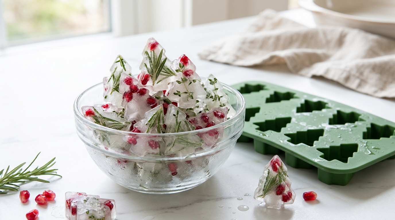 Tree shaped ice cubes with rosemary, thyme and pomegranate seeds in a glass bowl next to a silicone mold