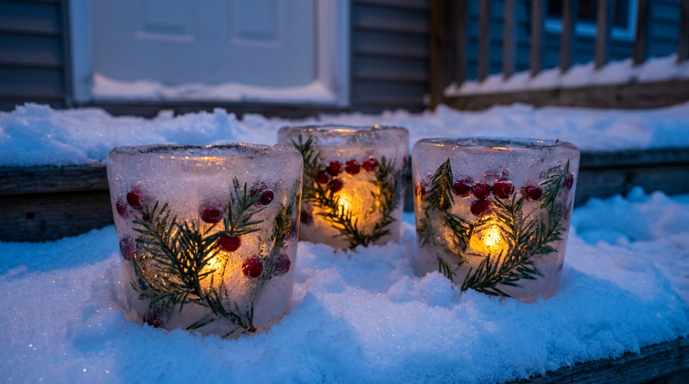 Three ice luminaries with evergreen and cranberries frozen in the walls glowing from battery LED tea lights on snowy steps