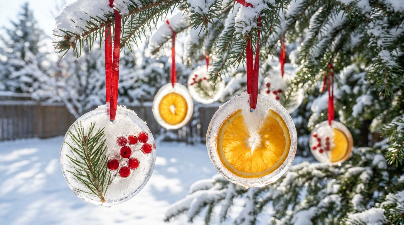 Christmas ice decor ornaments with pine, berries and orange slices hanging by red ribbons on a snowy tree