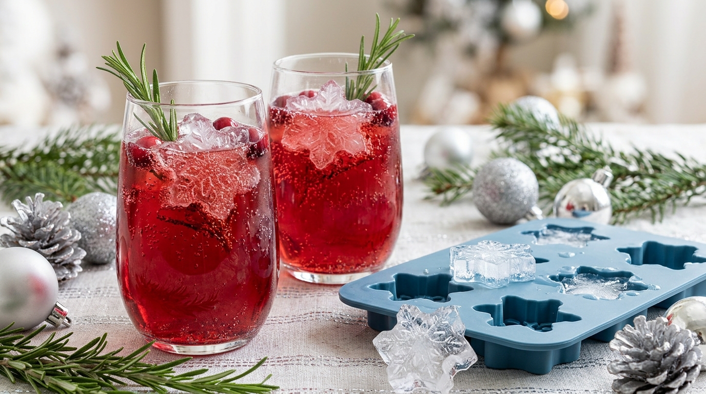 Snowflake shaped ice cubes floating in cranberry drinks with rosemary next to a blue silicone mold