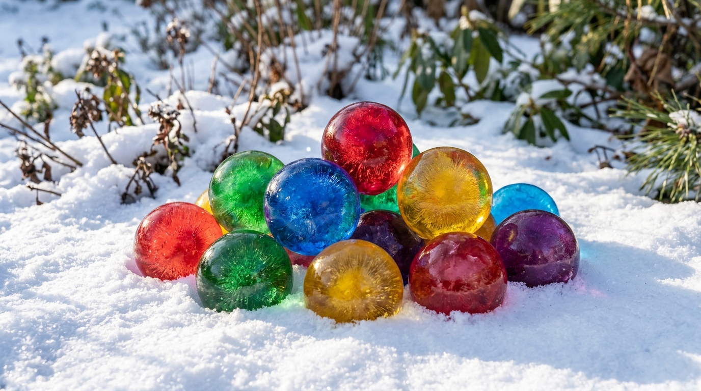 Colorful ice spheres in red, blue, green, yellow and purple sitting on fresh snow in a garden