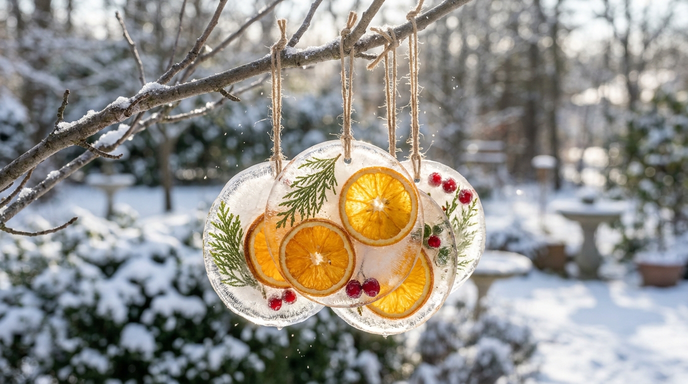 Flat round frozen suncatchers with cedar, red berries and dried orange slices hanging from a branch in a snowy garden