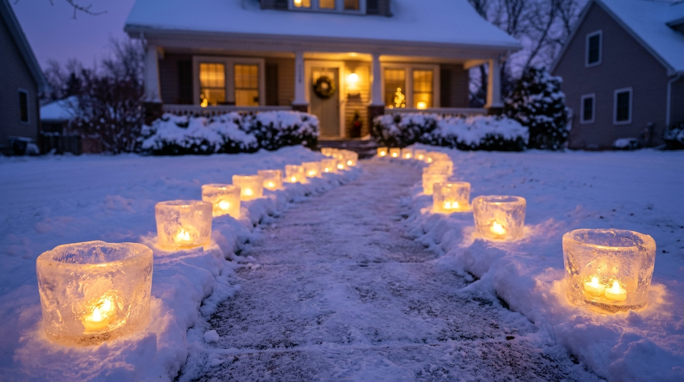 Christmas ice decor lanterns lining a snowy front walkway at dusk lit by battery LED lights