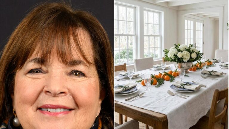 Ina Garten Christmas: Ina Garten next to a white flower Christmas table