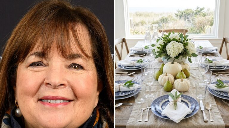 Ina Garten Thanksgiving cover: Ina Garten beside a Hamptons style Thanksgiving table with white pumpkins
