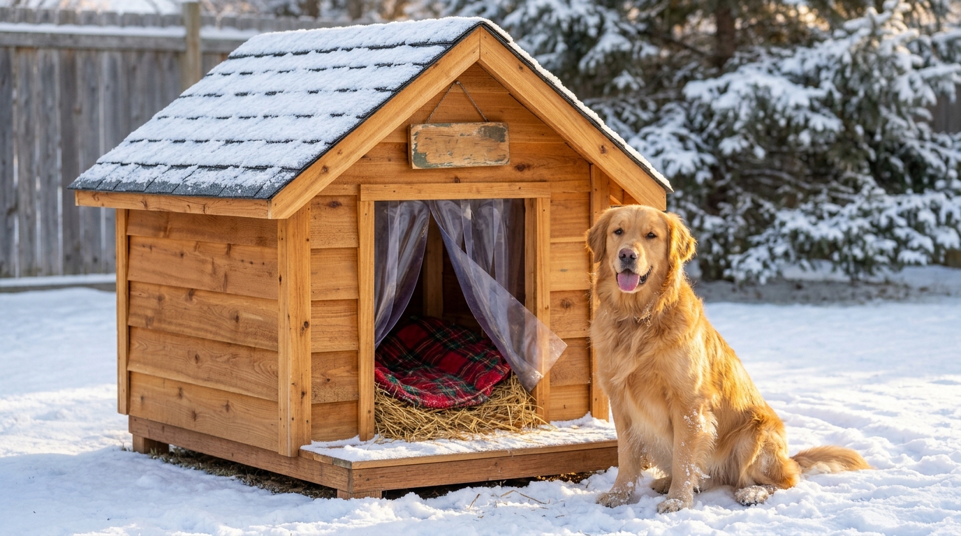 Insulated DIY dog houses: cedar dog house with a shingled roof, plaid blanket and straw beside a golden retriever in the snow