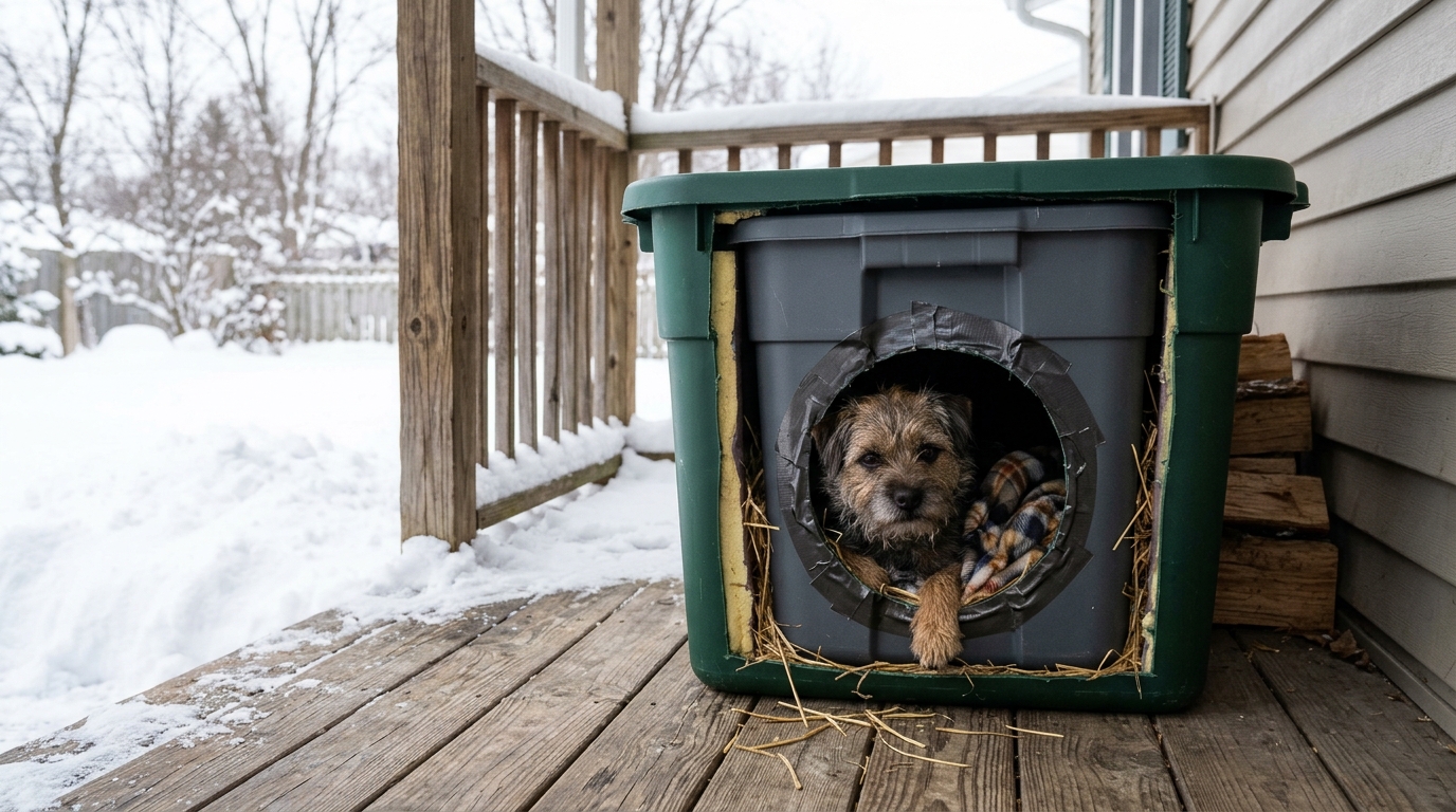 Small dog peeking out of an insulated shelter made from two nested storage totes on a porch