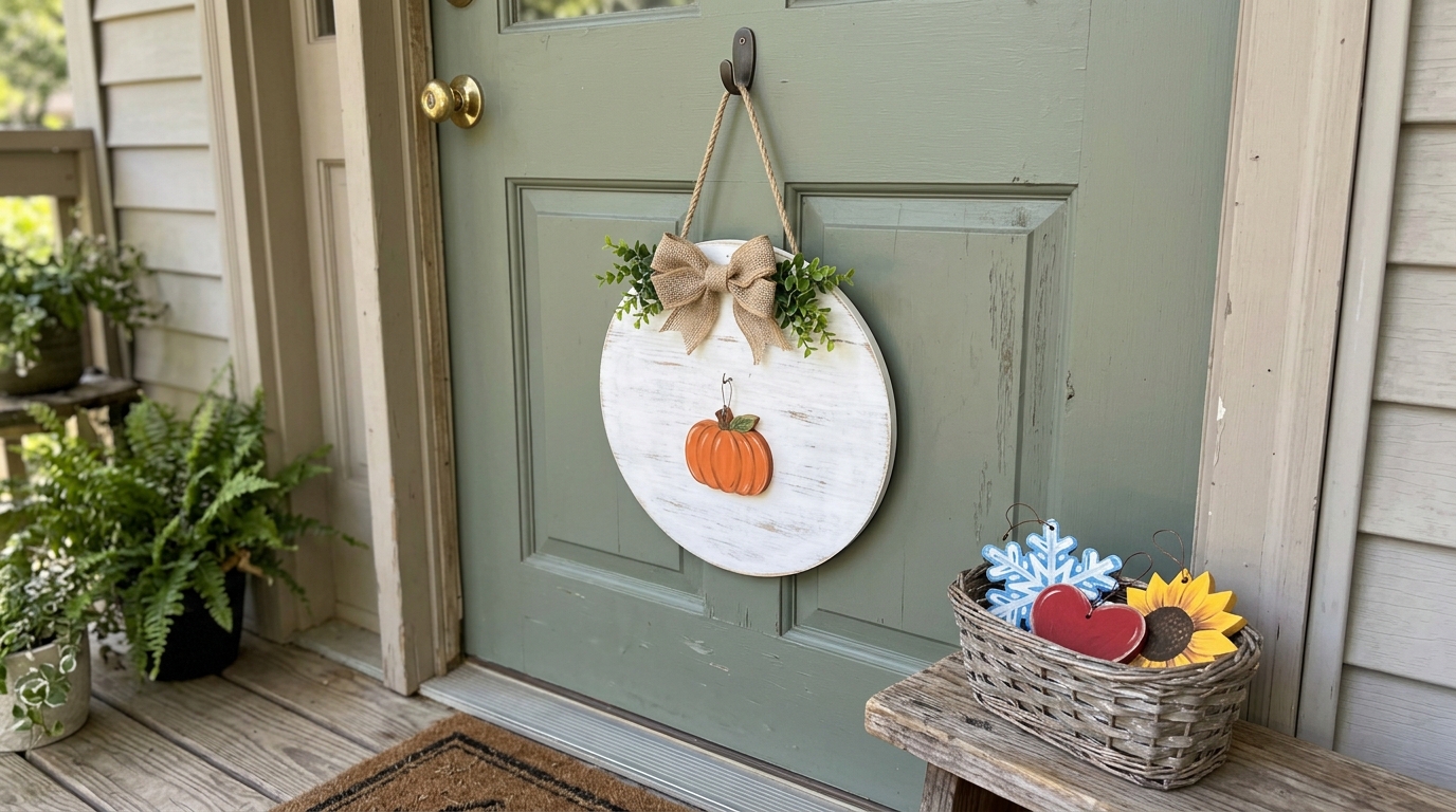 DIY front door signs that change: a round white door hanger with a removable pumpkin piece and a basket of seasonal pieces