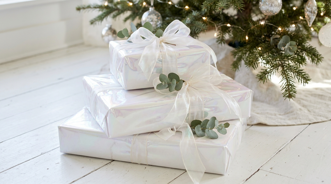 Gifts wrapped in shimmery cellophane with sheer bows and eucalyptus