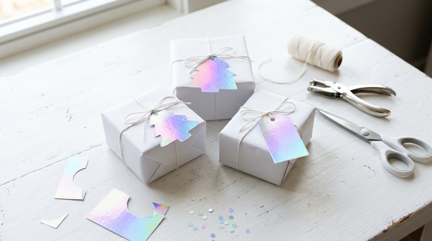 Iridescent Christmas decor gift tags cut from holographic cardstock