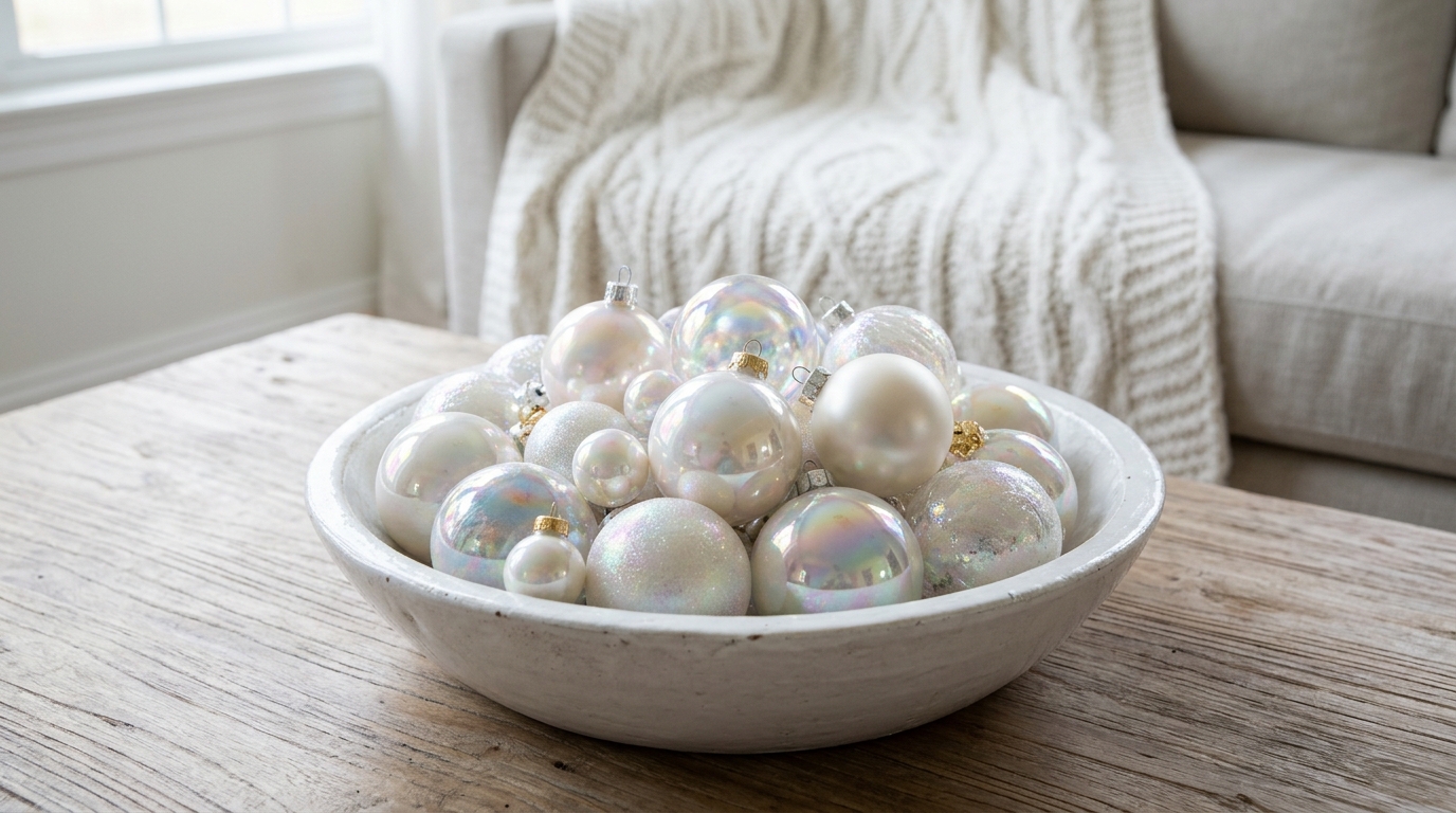 Iridescent Christmas decor bowl filled with pearl and rainbow sheen ornaments