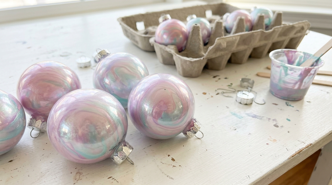 Iridescent Christmas decor idea: clear ornaments swirled with pearl pink and aqua paint