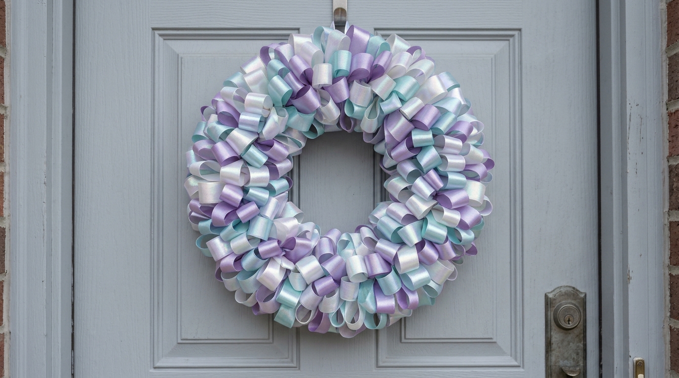 Iridescent Christmas decor wreath made from looped pearl, lilac and aqua ribbon