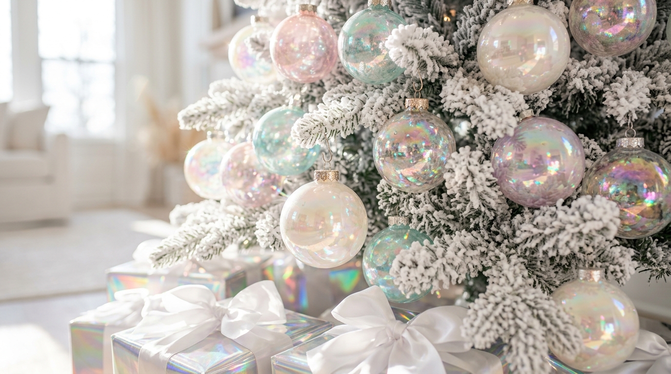 Iridescent Christmas decor: a white flocked tree with pearl and holographic ornaments and shiny gifts