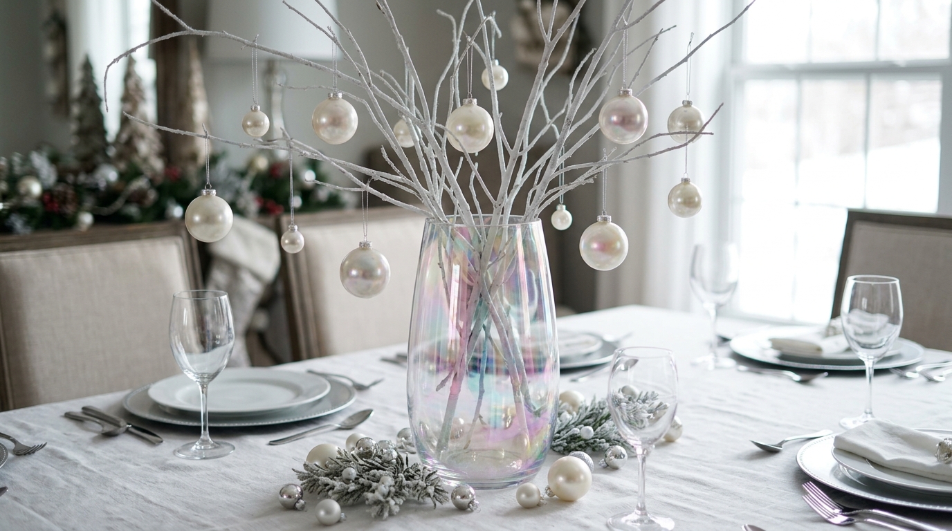 Iridescent Christmas decor centerpiece: a rainbow sheen glass vase with white branches