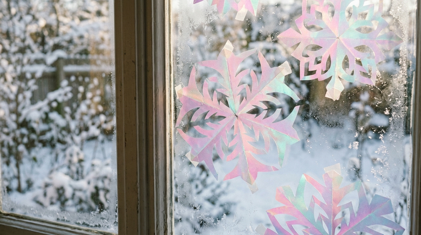 Shimmery paper snowflakes on a frosty winter window