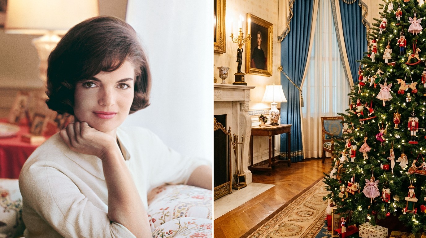 Charming White House traditions: Jacqueline Kennedy beside an AI image of a historic parlor Christmas tree