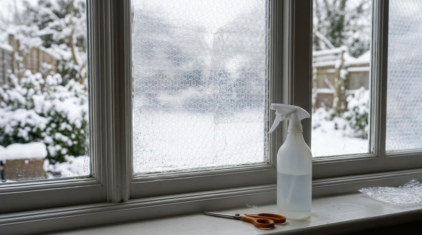 Clear bubble wrap pressed onto window glass with a spray bottle on the sill