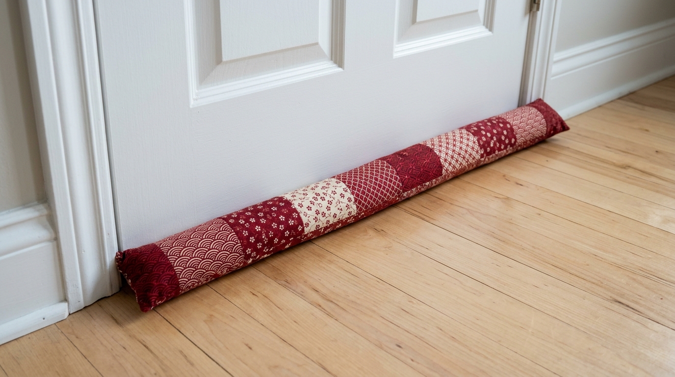 Japanese Winter Hacks red and cream fabric draft stopper snake along the bottom of a door