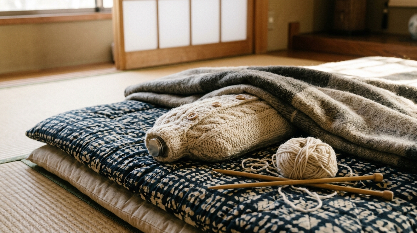 Hot water bottle in a cream hand knitted cover tucked on a quilted futon