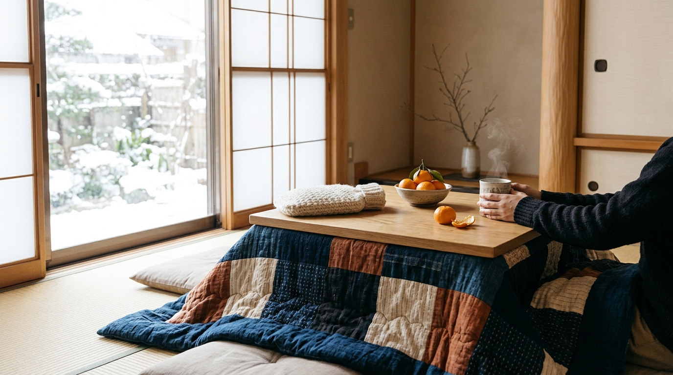 Japanese Winter Hacks kotatsu style blanket table with a patchwork quilt, mugs and mandarin oranges