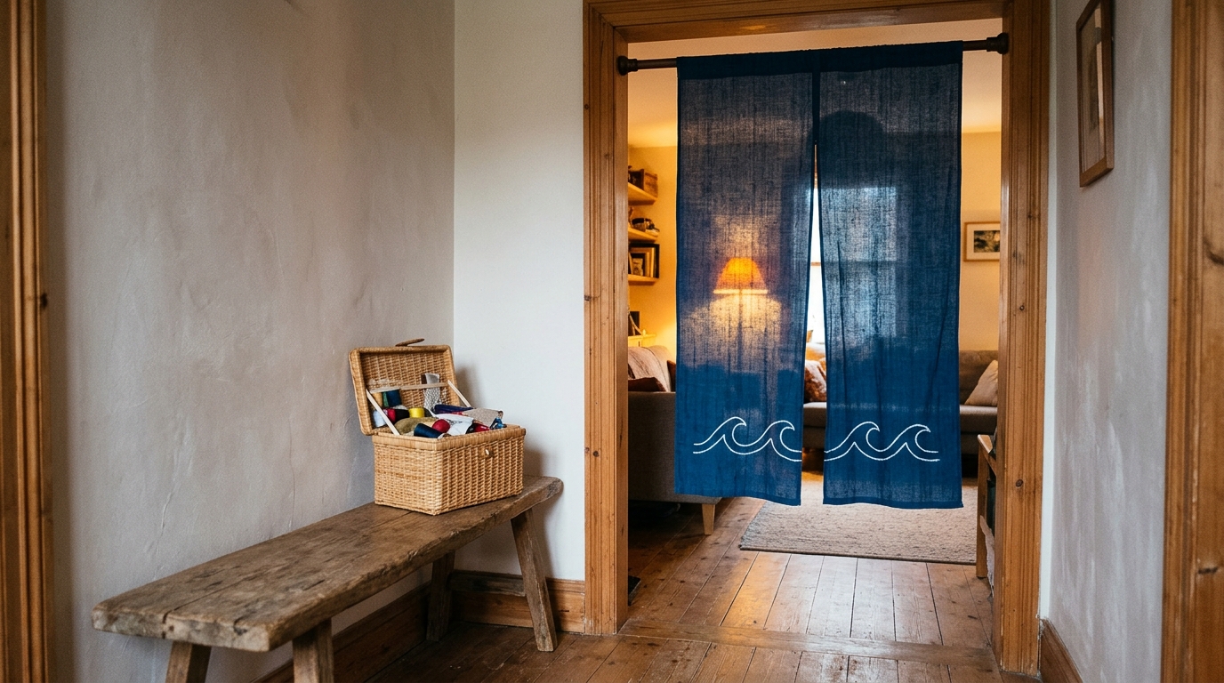 Japanese Winter Hacks handmade indigo noren curtain hanging in a hallway doorway