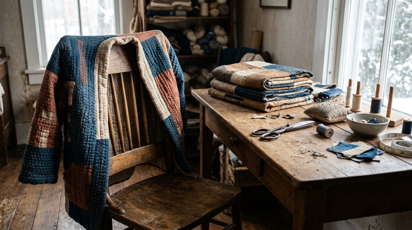 Padded indigo and rust quilted jacket draped on a chair beside a craft table