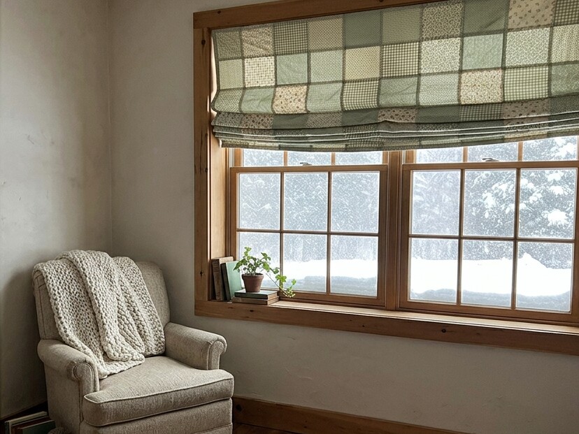 Homemade quilted roman shade half raised on a bedroom window on a snowy day