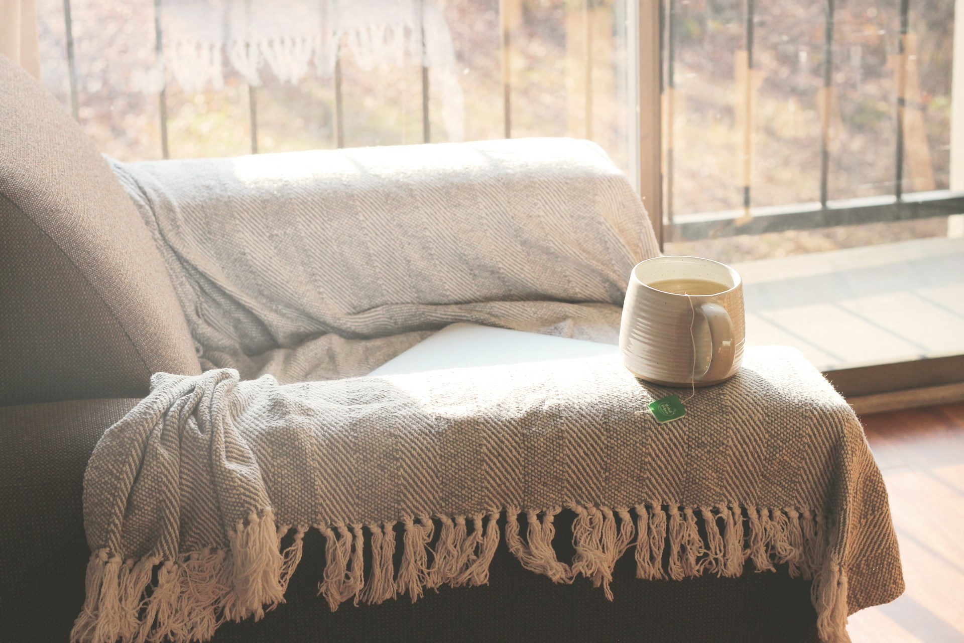 Japanese Winter Hacks mug of tea on a sofa wrapped in a woven throw by a sunny window