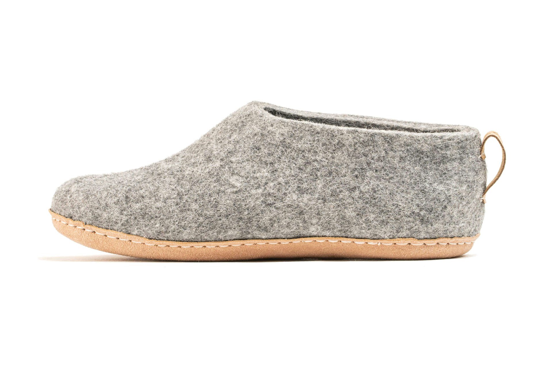 Grey felted wool slipper with a tan leather sole