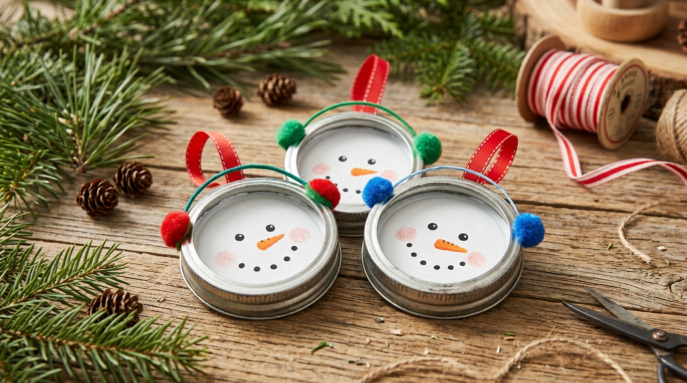 Three jar lid ornaments painted with snowman faces and pom pom earmuffs