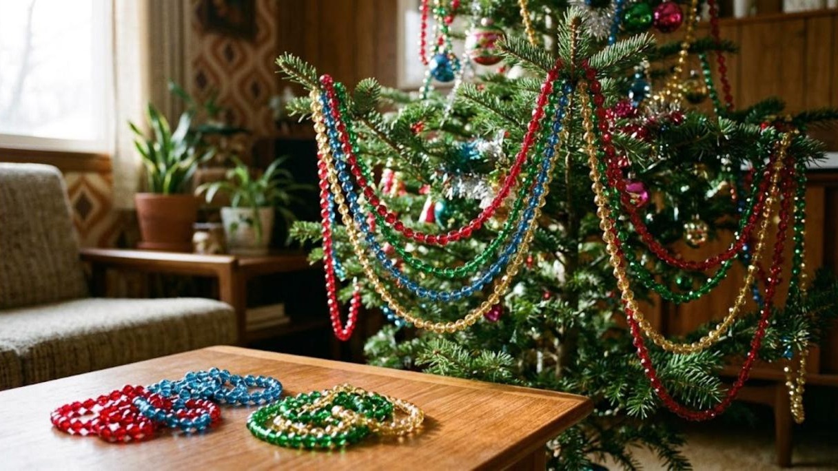Jewel tone bead garland in red, green, blue and gold draped on a Christmas tree, a midcentury Christmas decor favorite