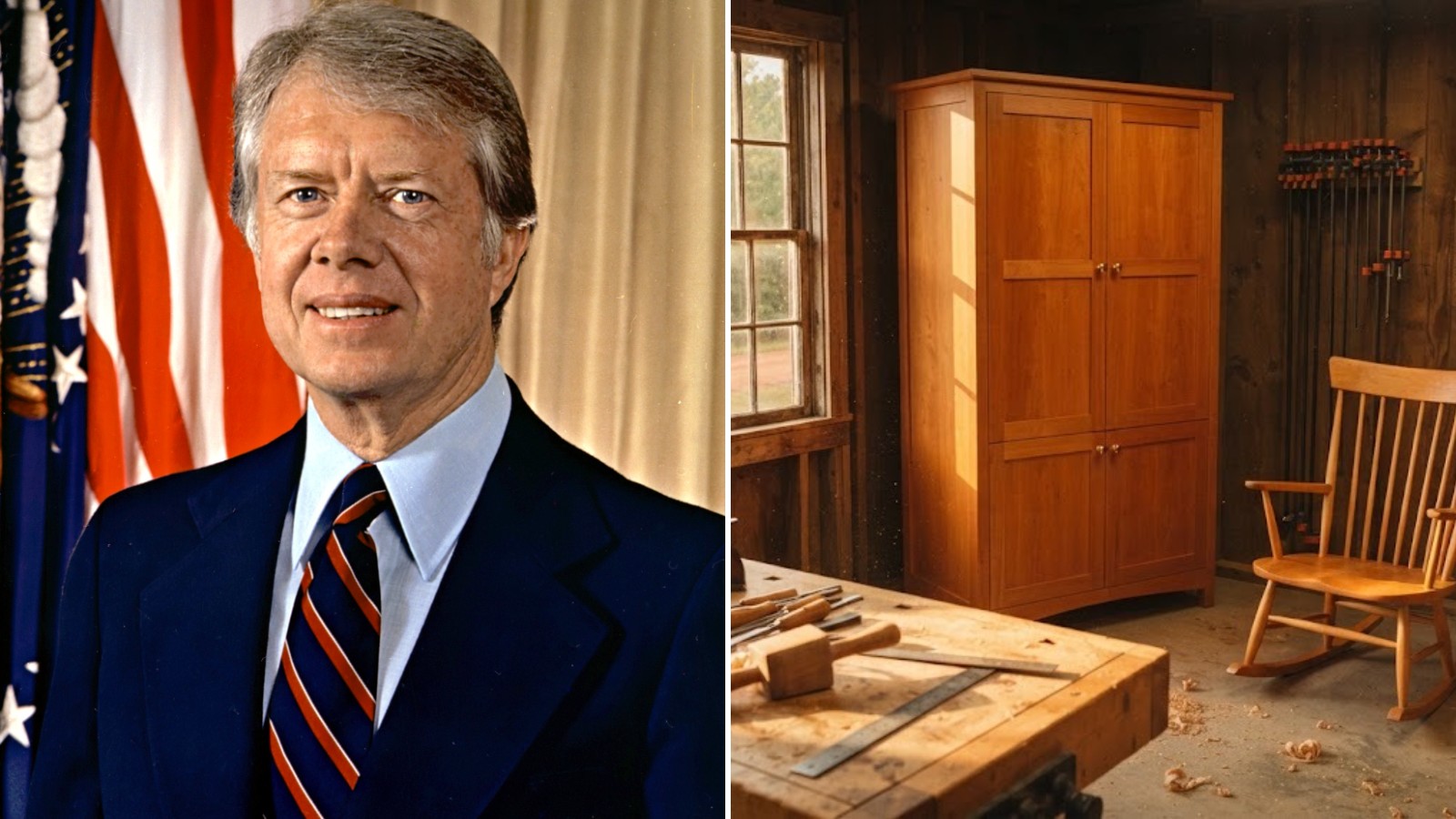 Jimmy Carter built furniture by hand, official portrait beside a handmade persimmon cabinet in a woodshop