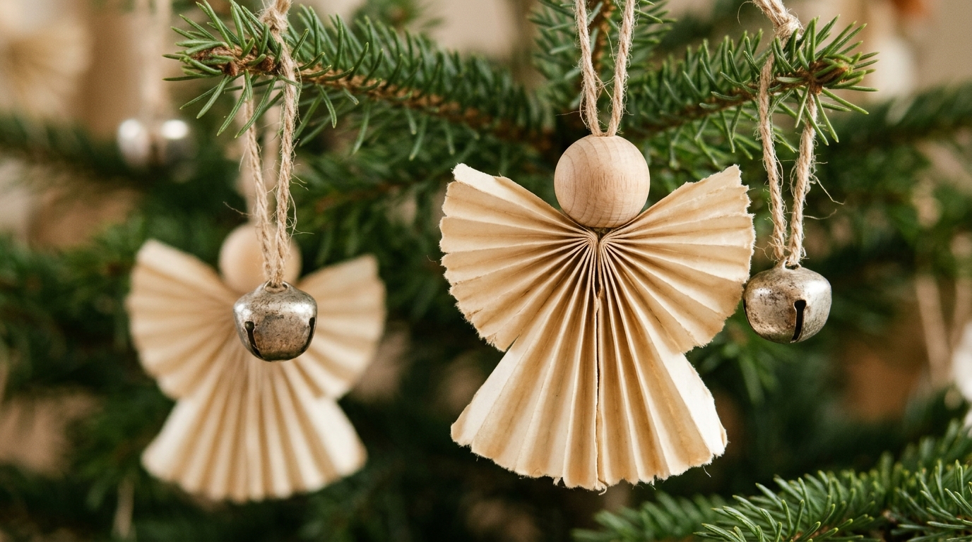 Jimmy Stewart Christmas paper angel ornaments with folded book page wings and wooden bead heads hanging with silver bells