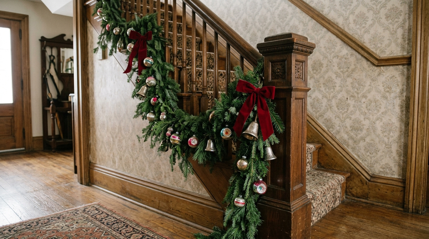 Jimmy Stewart Christmas stair banister wrapped in a fir garland with silver bells and red velvet bows