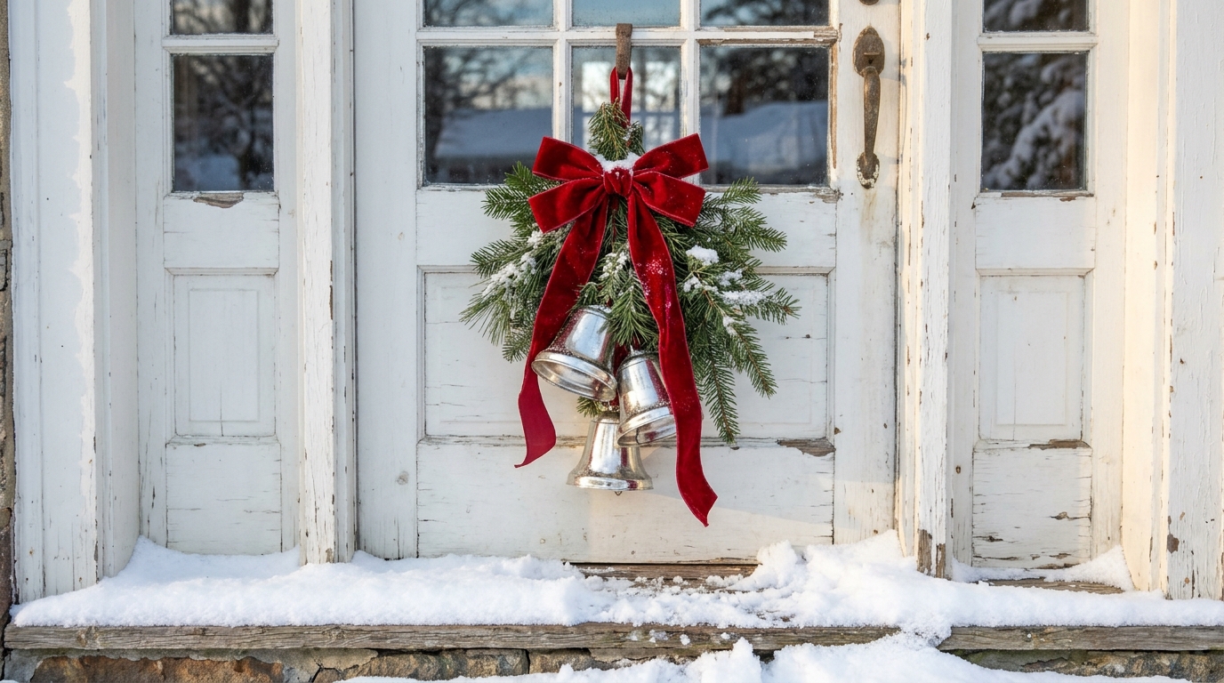 Three shiny silver bells with a red velvet bow and pine sprigs hanging on a white paned front door