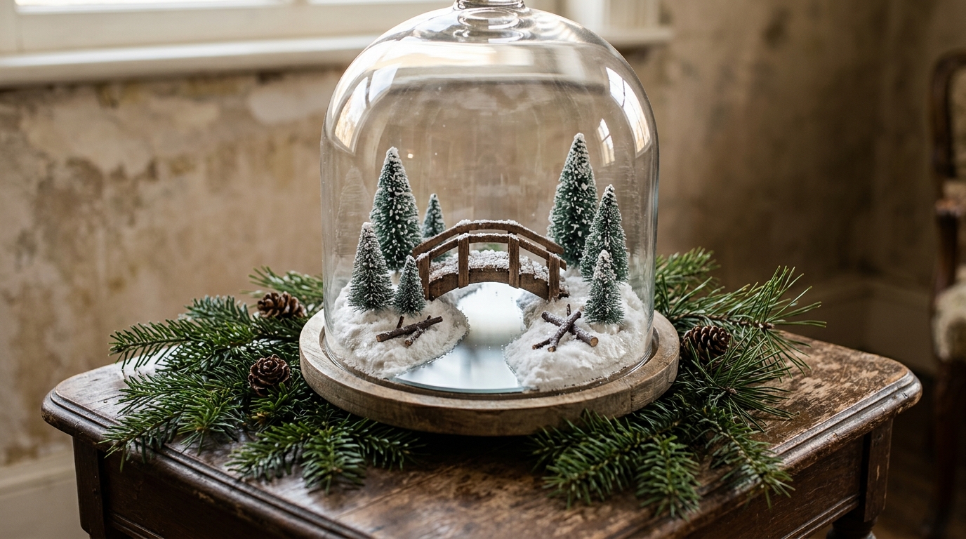 Glass cloche holding a tiny snowy scene with a wooden bridge over a frozen mirror river and bottle brush trees